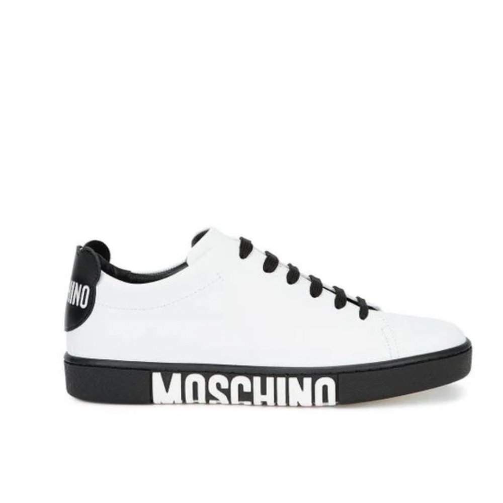 Moschino White Monochrome Logo Leather Sneakers